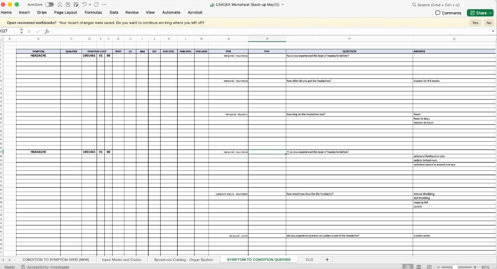Cardea clinical spreadsheet mapping headache symptom questions and answers