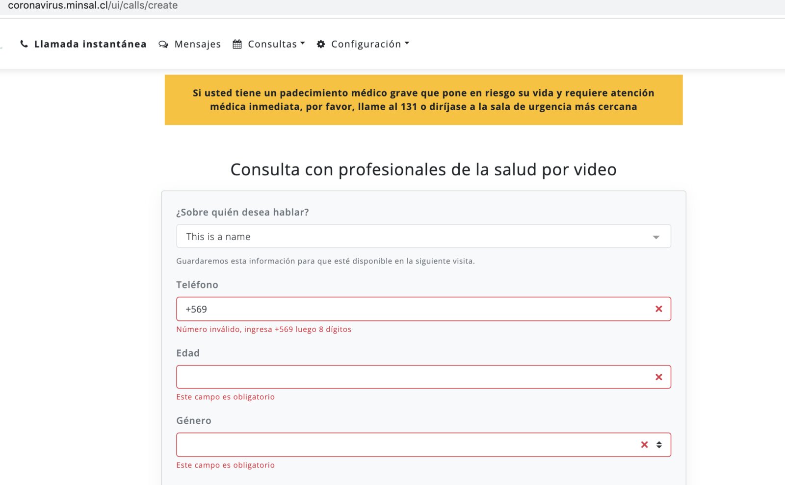 RingMD Chile COVID-19 video care platform consultation form
